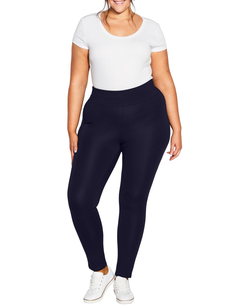 Front of a model wearing a size 14 PANT PL PONTE REG in Navy by avenue. | dia_product_style_image_id:256382